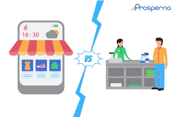 vector image showing ecommerce on the left vs traditional store on the right