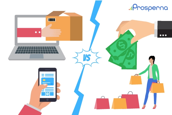 vector image showing online transaction on the left vs physical transaction on the right