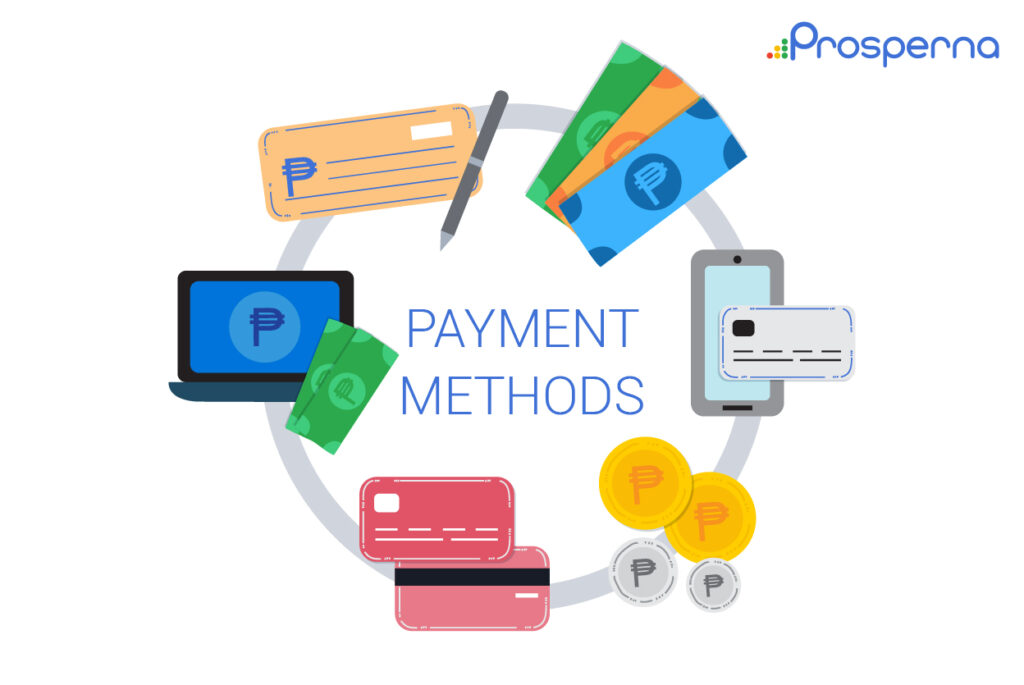 different payment methods like chech, cash, digital transfer