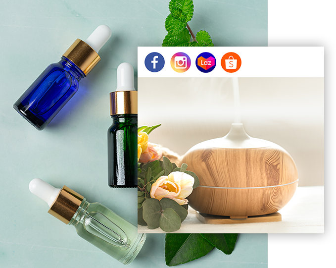 bottles of essential oils with a social media image of a diffuser
