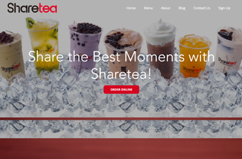 sharetea homepage, an array of cold beverage. frappe, milk tea, juice.