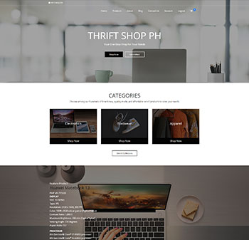 thrift shop homepage with laptops, shoes, and clothes