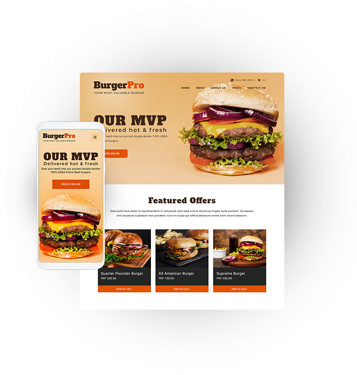 burger pro's homepage on PC and Mobile view showing different burgers with double patties