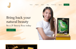 a beauty shop homepage showing a girl in plain white t-shirt