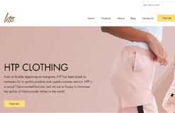 htp clothing's homepage showing a lady wearing pink pants
