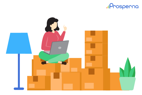 simplify eCommerce delivery: woman with a laptop sitting on top a pile of boxes