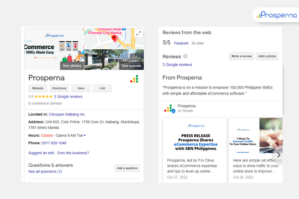 online presence: Prosperna's Google My Business listing