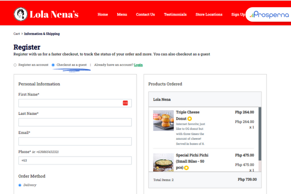 Lola Nena's guest checkout page