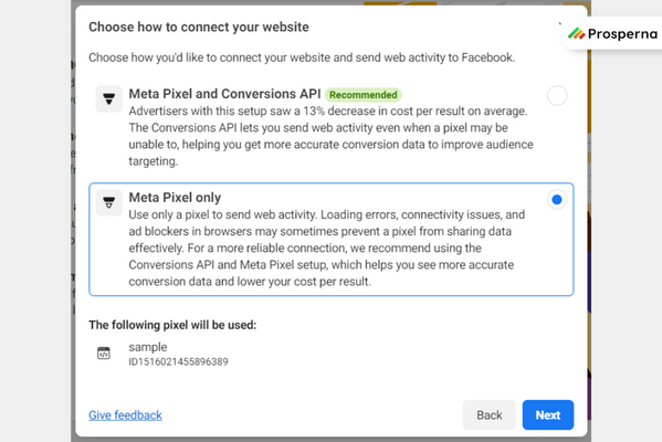 facebook pixel set up - step 5 connect your website. Choose Meta Pixel only. 